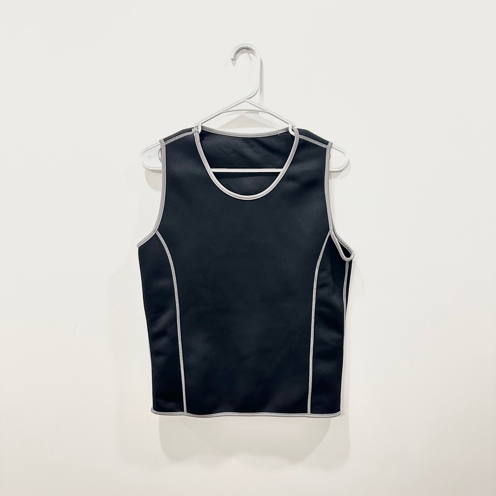 SaunaFX Mens Black Sauna Vest‎ Sweat Suit Workout Tank Top Grey Trim Size L